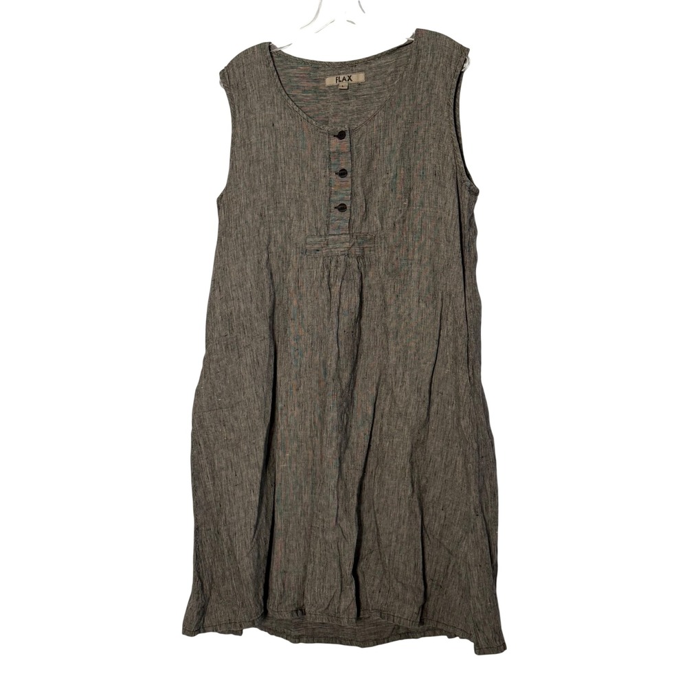 Flax Sleeveless Henley Linen Dress Gray Lagenlook Coastal - Large